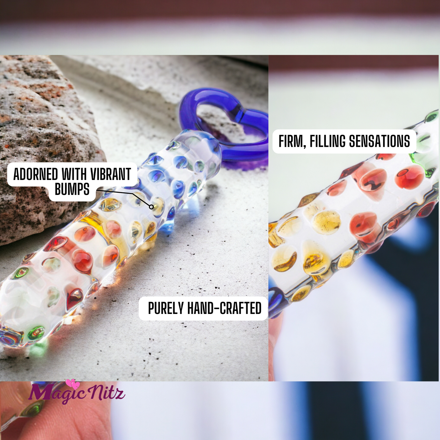 Glistening Colourful Rainbow Raindrop Textured Crystal Glass Dildo With Heart Shape Handle