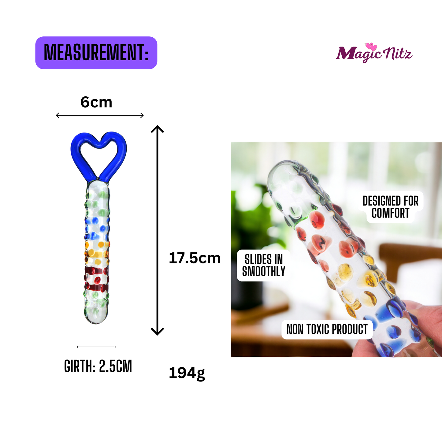 Glistening Colourful Rainbow Raindrop Textured Crystal Glass Dildo With Heart Shape Handle