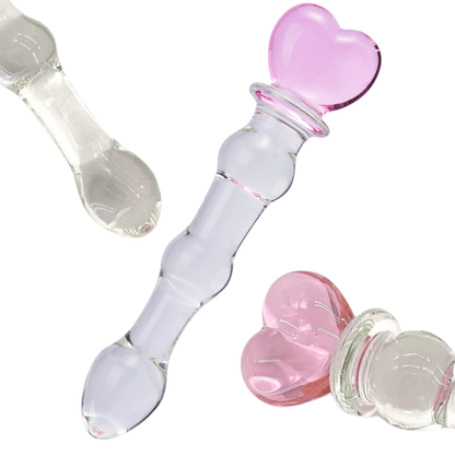 Heart Handle Butt Plug Anal Textured Clear Glass Dildo – Blue and Pink