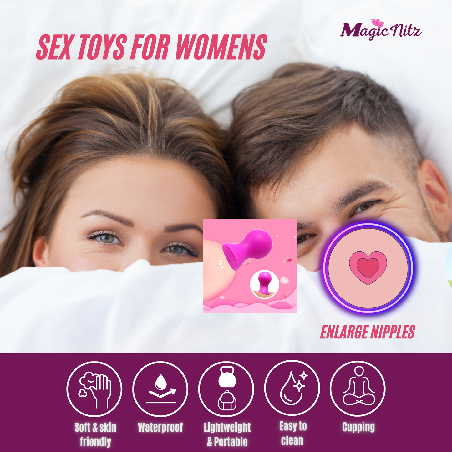 Pair of Nipple Suckers Enlargement Corrector Soft Silicone in Purple