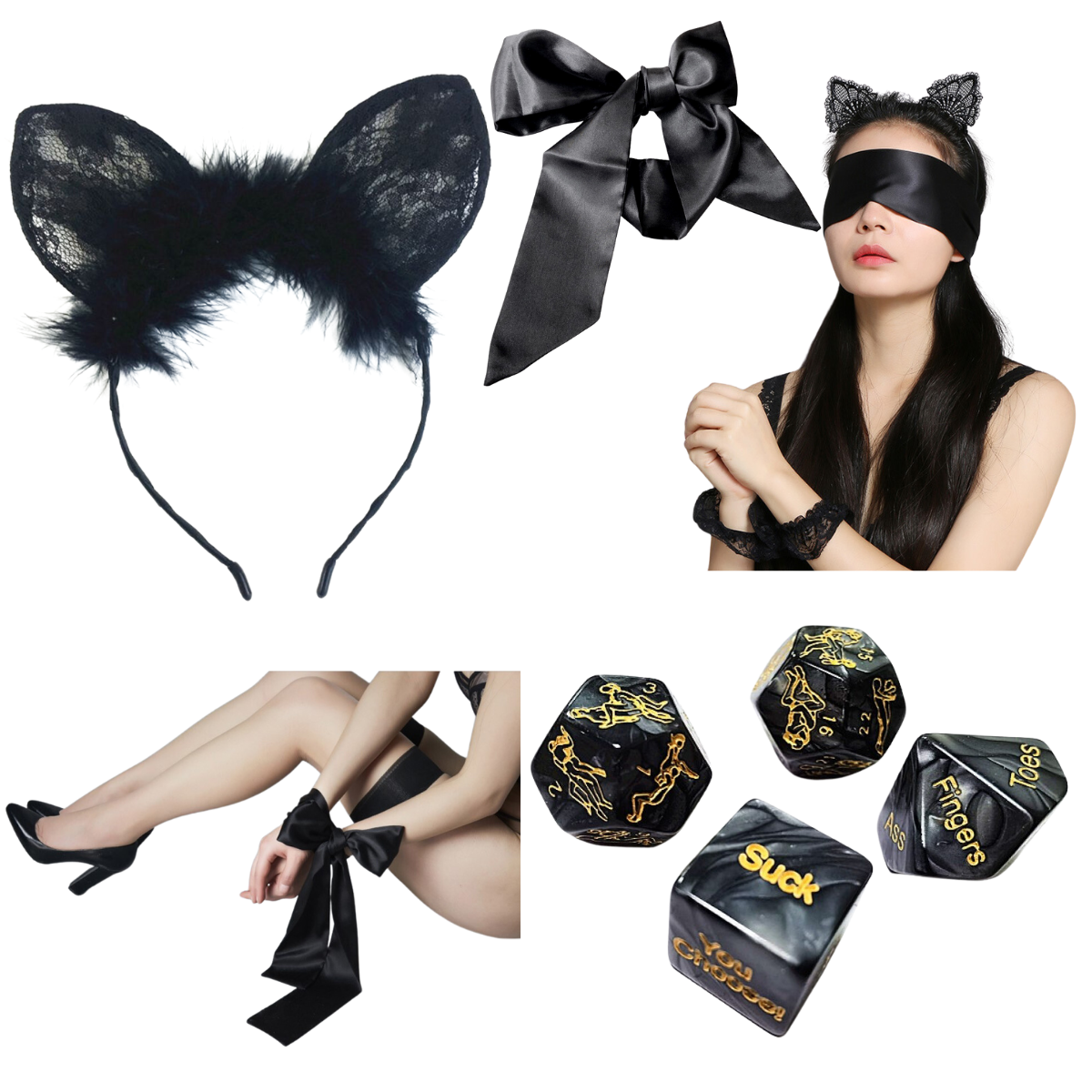 Couples Fun Game Dice & Satin Blindfold Set with Cat Ear Headband — Adult Novelty & Intimacy Gift