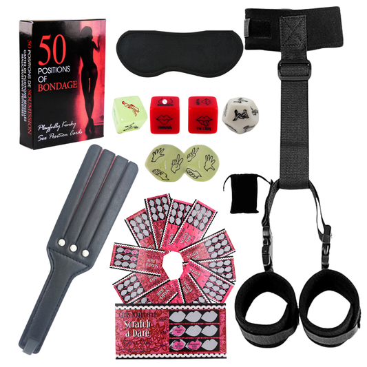 Ultimate Couple’s Kinky BDSM Starter Kit - 50 Bondage Position Cards, Leather Paddle, Adjustable Cuffs, Sex Dice & Scratch Dare Games