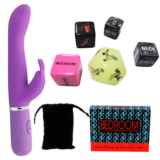 7-Piece Couples Bedroom Gift Set- 10-Mode Rabbit Vibrator, Kama Sutra Glow Dice & Bedroom Commands Game