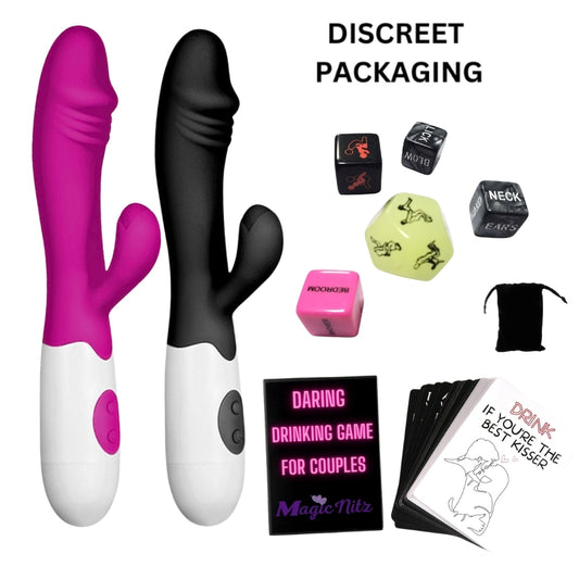 7-Piece Couples Foreplay Set - Rabbit Vibrator, Daring Drinking Card Game and Adult Sex Dice