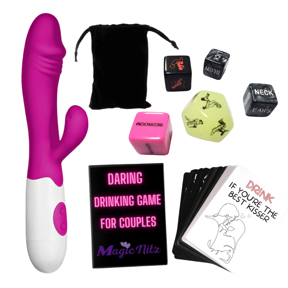 7-Piece Couples Foreplay Set - Rabbit Vibrator, Daring Drinking Card Game and Adult Sex Dice