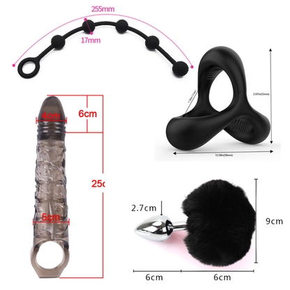 6-Piece Luxury Couple Play Set-12 Mode Rechargeable Magic Wand Massager, Fluffy Bunny Tail Metal Plug, Silicone Anal Beads, Textured Penis Extender Sleeve, Dual Lock Cock Ring & Aloe Anal Lube