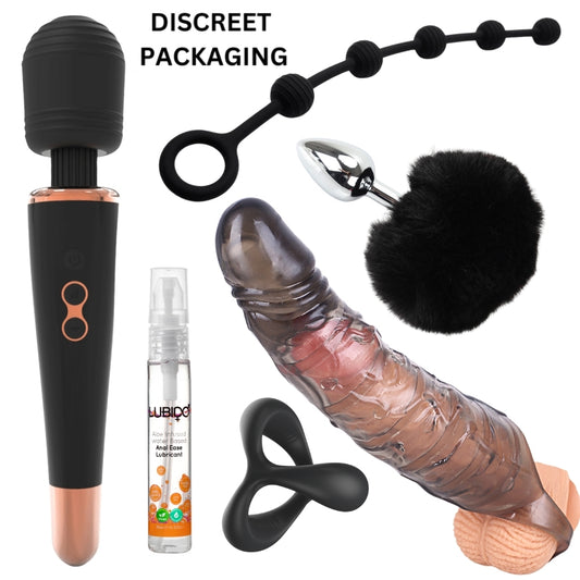 6-Piece Luxury Couple Play Set-12 Mode Rechargeable Magic Wand Massager, Fluffy Bunny Tail Metal Plug, Silicone Anal Beads, Textured Penis Extender Sleeve, Dual Lock Cock Ring & Aloe Anal Lube