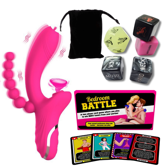 7-Piece Couples Bedroom Play Set - 3-in-1 Vibrator Set with Clitoral Suction, Anal Beads, Sex position Dice Set & Bedroom Battle Card Game