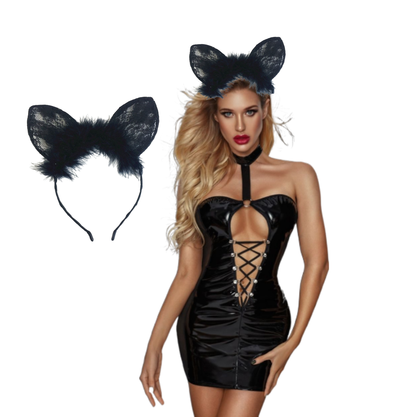 Black Wet-Look Corset Front Dress and a  Thong Set with Lace Cat Ears Fluffy Headband