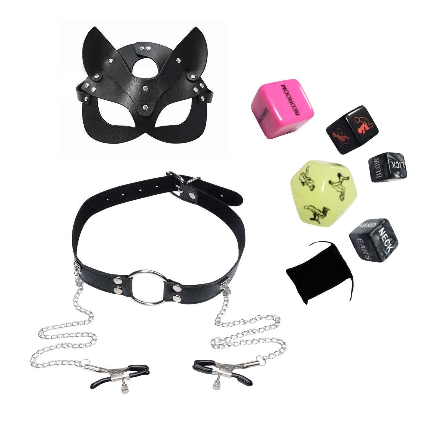 Black Leather Cat Face Mask and Erotic Bondage Nipple Clamps and 5pcs Sex Positions Dices