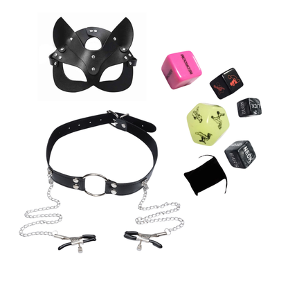Black Leather Cat Face Mask and Erotic Bondage Nipple Clamps and 5pcs Sex Positions Dices