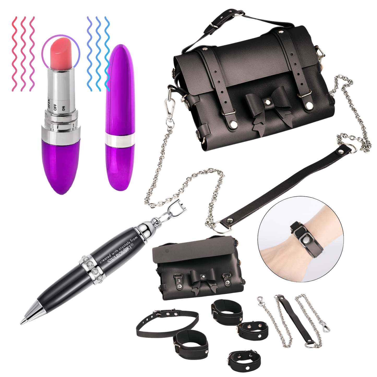 Valentine's Day Intimate Pleasure Bundle-Lipstick Vibrator, Bondaged inspired Cross bag, Mini Pen Key Ring