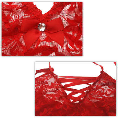 Sheer Red Mesh Split Babydoll Gown With a G-string Set