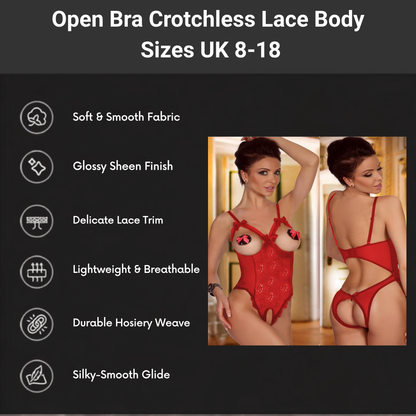 Festive Exposed Open Bra Crotchless Lace Bodysuit with Hat- Sizes UK 8-18