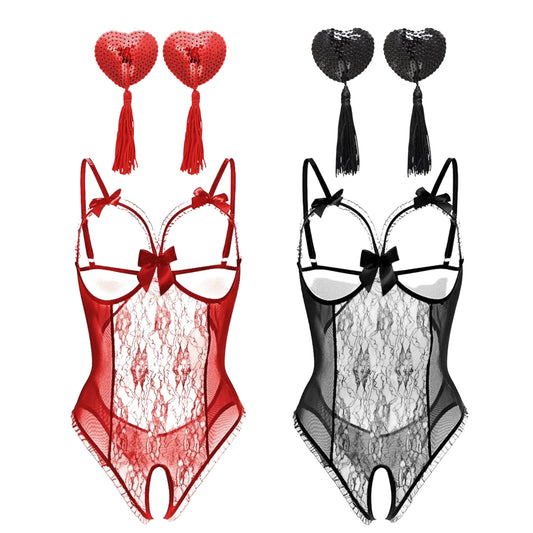 Nipple Tassels and Lace Open Bra Crotch Babydoll Bodysuit Lingerie Set