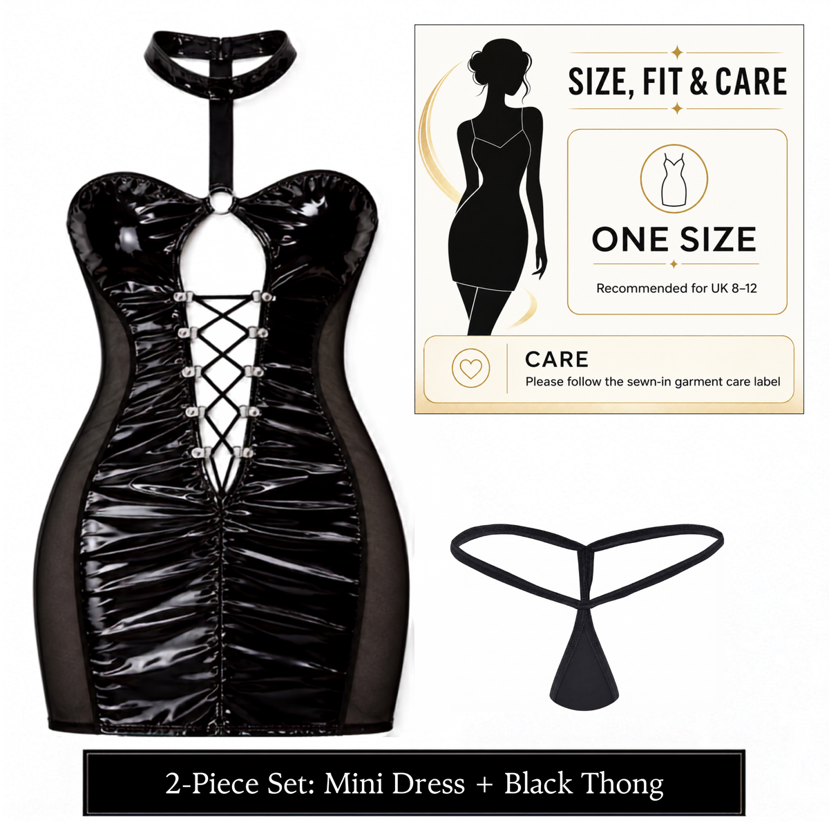 Black Wet-Look Corset Front Dress and a Thong Set