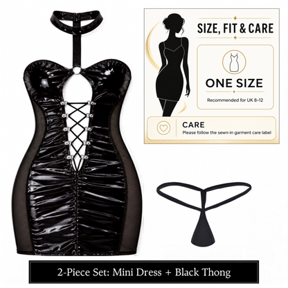 Black Wet-Look Corset Front Dress and a Thong Set