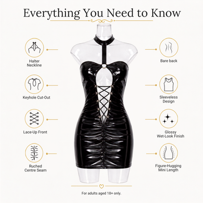 Black Wet-Look Corset Front Dress and a Thong Set