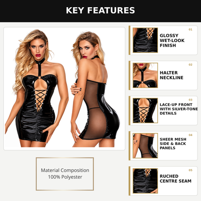 Black Wet-Look Corset Front Dress and a Thong Set