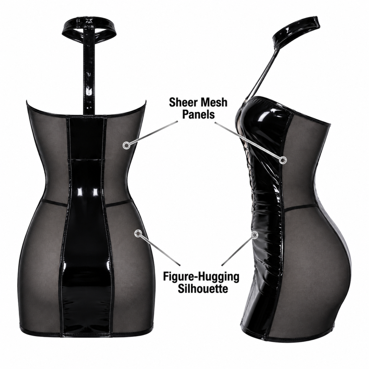 Black Wet-Look Corset Front Dress and a Thong Set