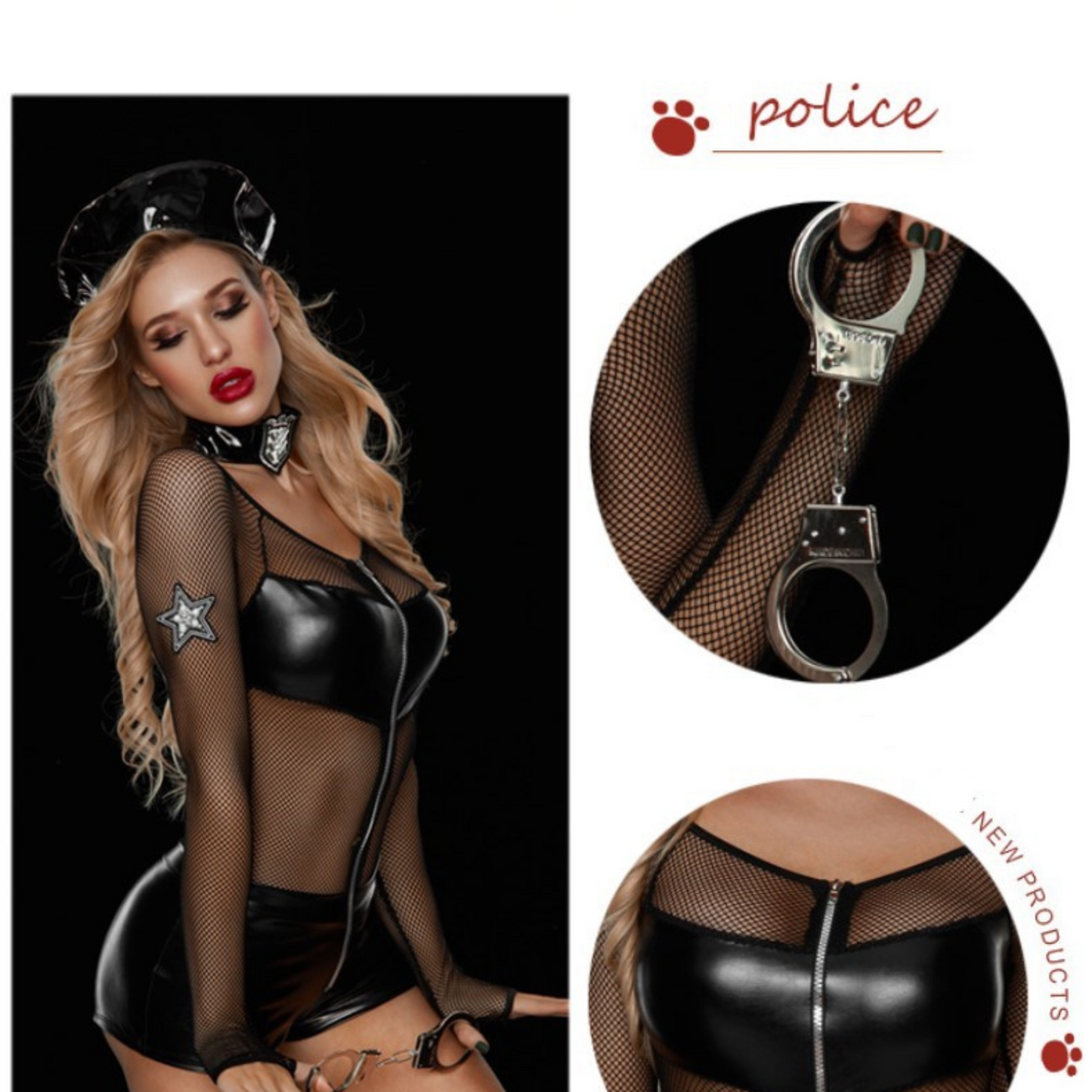 Sexy Wet Look Mesh 4-Piece Police Costume