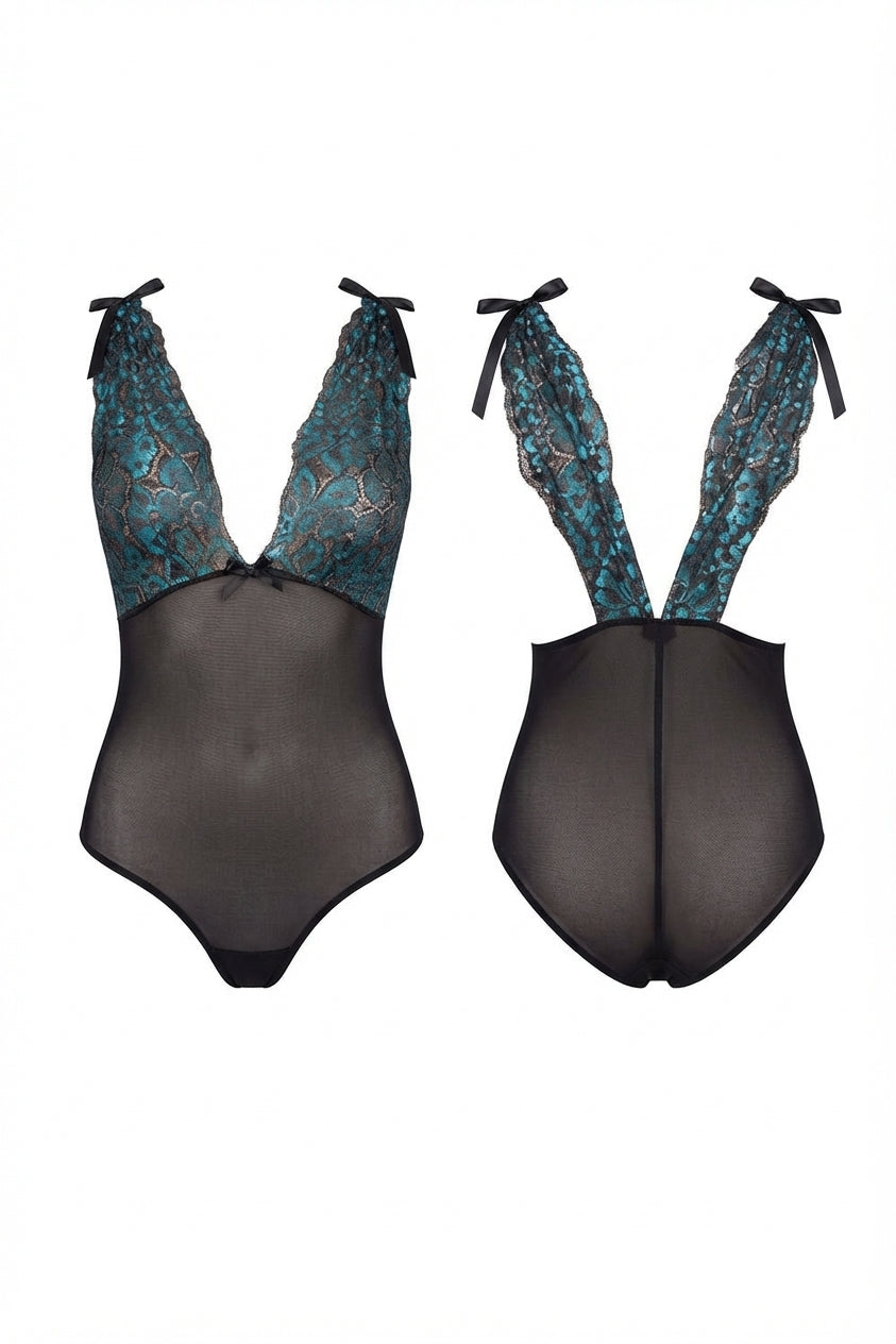 Women Blue and Black Floral Lace Stretch Elastane Deep V Bodysuit