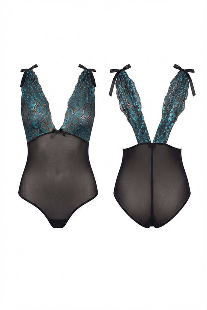 Women Blue and Black Floral Lace Stretch Elastane Deep V Bodysuit