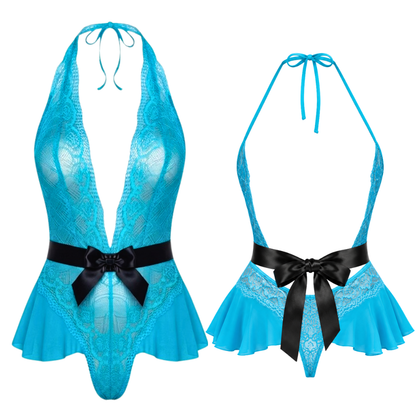Women Blue Lace Halter Floral Bodysuit