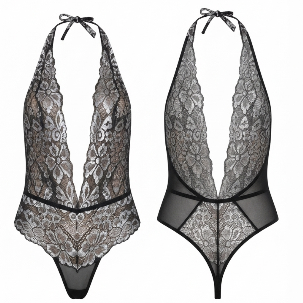 Women Deep v Neck Lingerie Lace Mesh See Through Body Doll Bodysuit