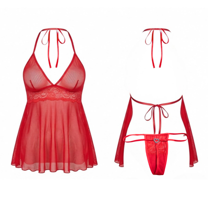 Sexy 2pcs Red Lace & Mesh Baby Doll Lingerie Set