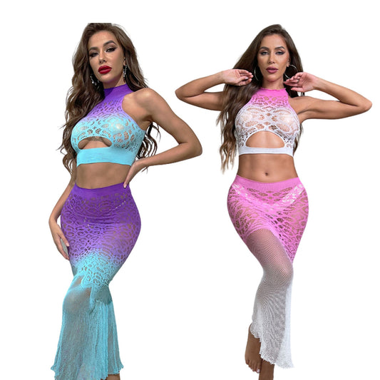 Sexy Fishnet Dress,Mesh Lingerie,See-Through Babydoll,Stretchy Sleepwear Nightwear Hollow Out, 2pcs Fishtail Nightdress for Cosplay Role Play
