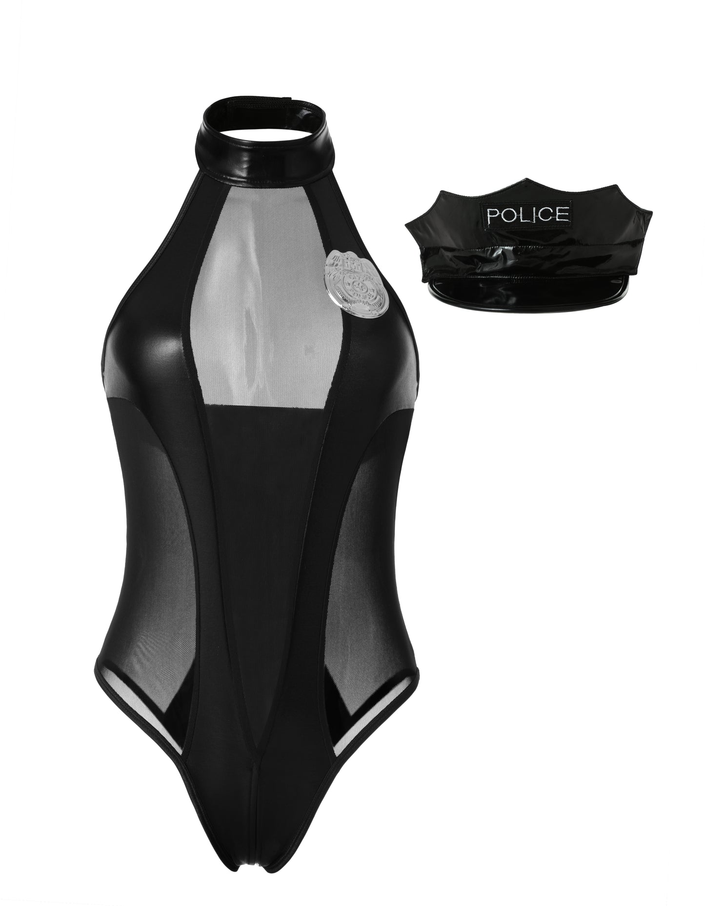 Sexy Wetlook Women's Police Costume 2 Pcs Bodysuit with Hat Set