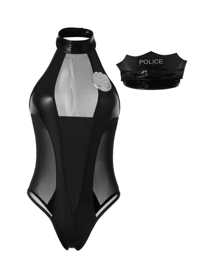 Sexy Wetlook Women's Police Costume 2 Pcs Bodysuit with Hat Set