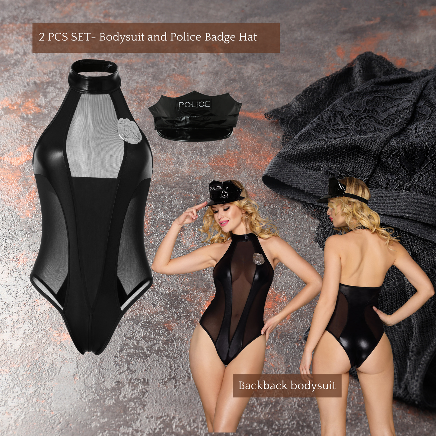 Sexy Wetlook Women's Police Costume 2 Pcs Bodysuit with Hat Set