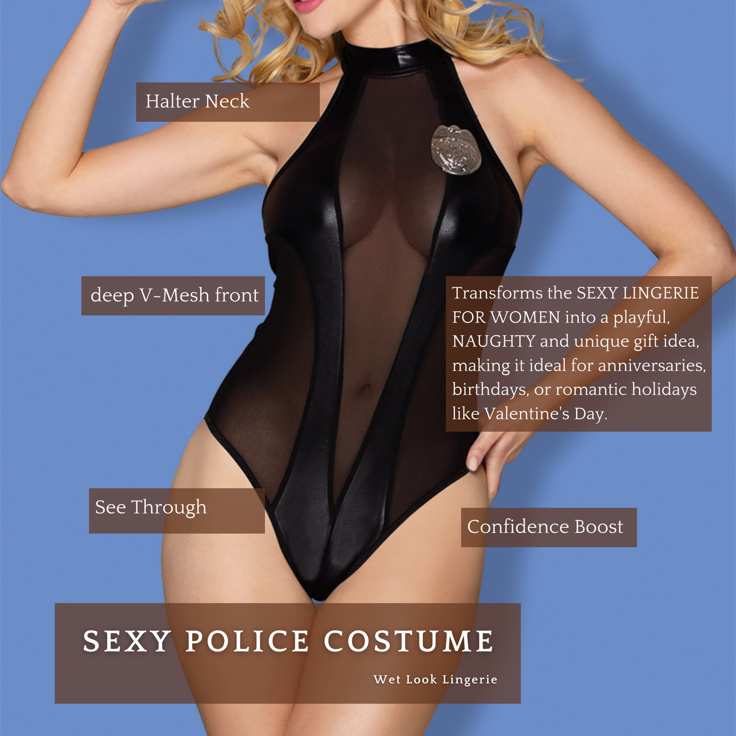 Sexy Wetlook Women's Police Costume 2 Pcs Bodysuit with Hat Set