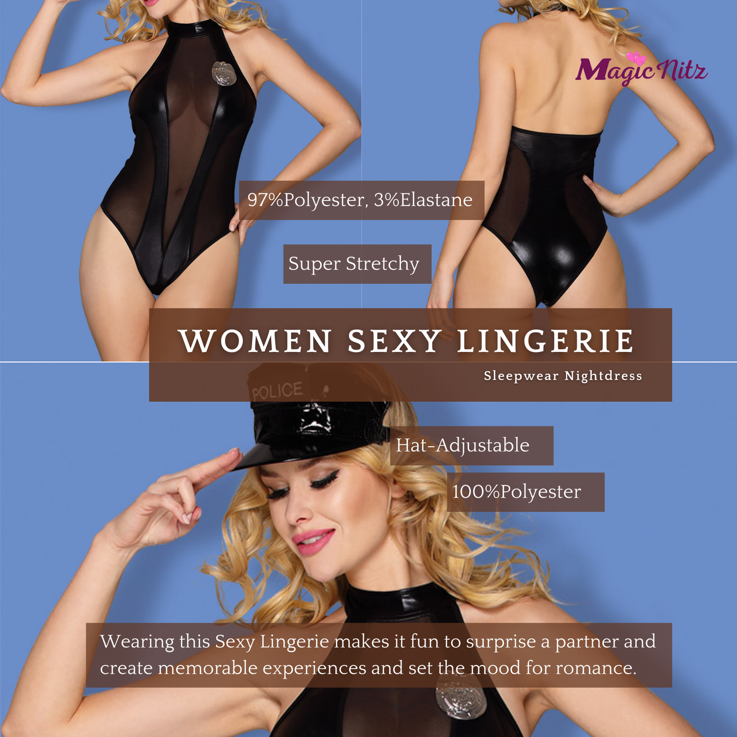 Sexy Wetlook Women's Police Costume 2 Pcs Bodysuit with Hat Set