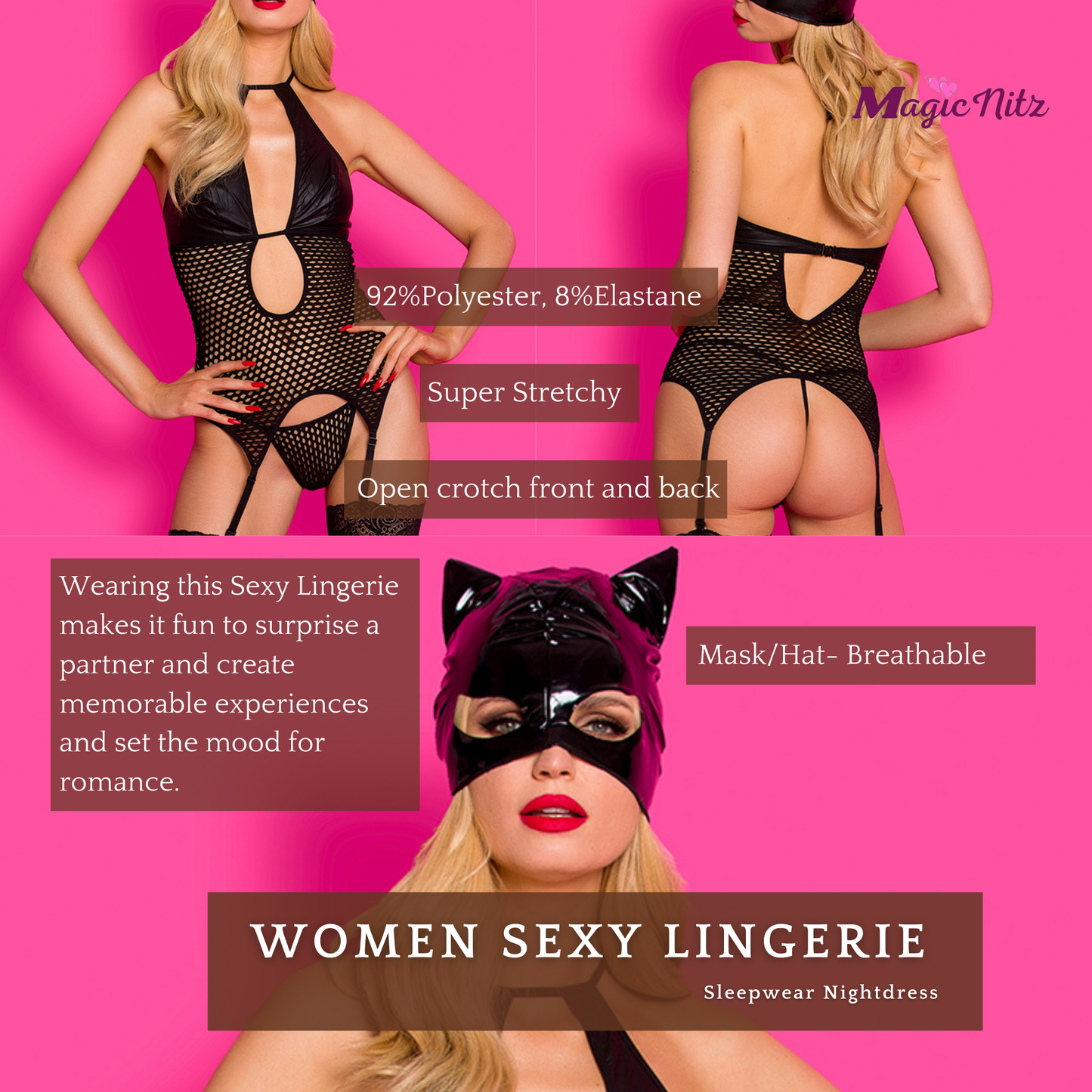 Sexy Catwomen Costume 4 Pcs Bodysuit Catsuit Open Crocth with Fishnet Stockings