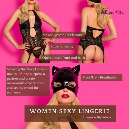 Sexy Catwomen Costume 4 Pcs Bodysuit Catsuit Open Crocth with Fishnet Stockings