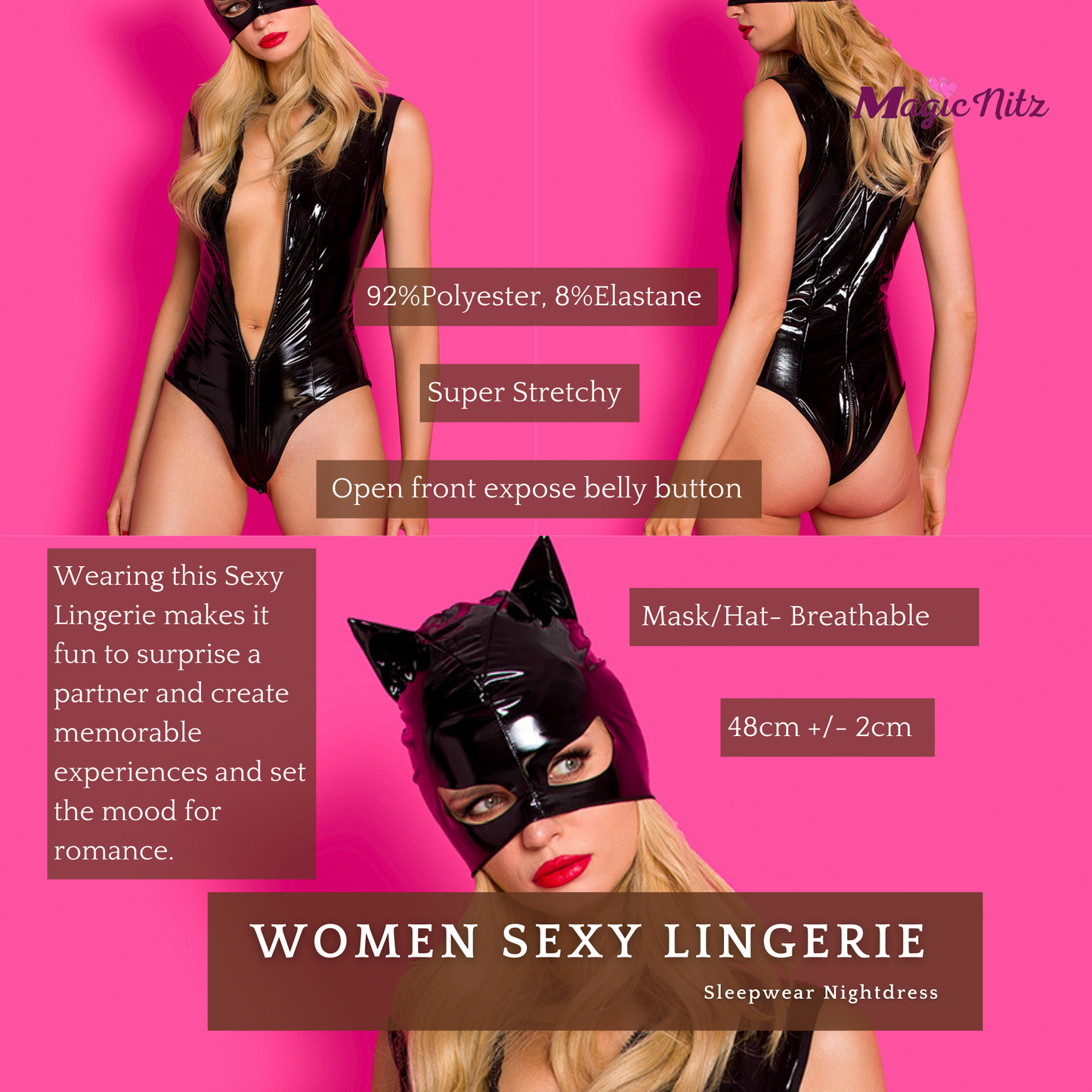 Sexy Catwomen Costume 2 Pcs Bodysuit  Wetlook Deep V Neckline Catsuit with Mask