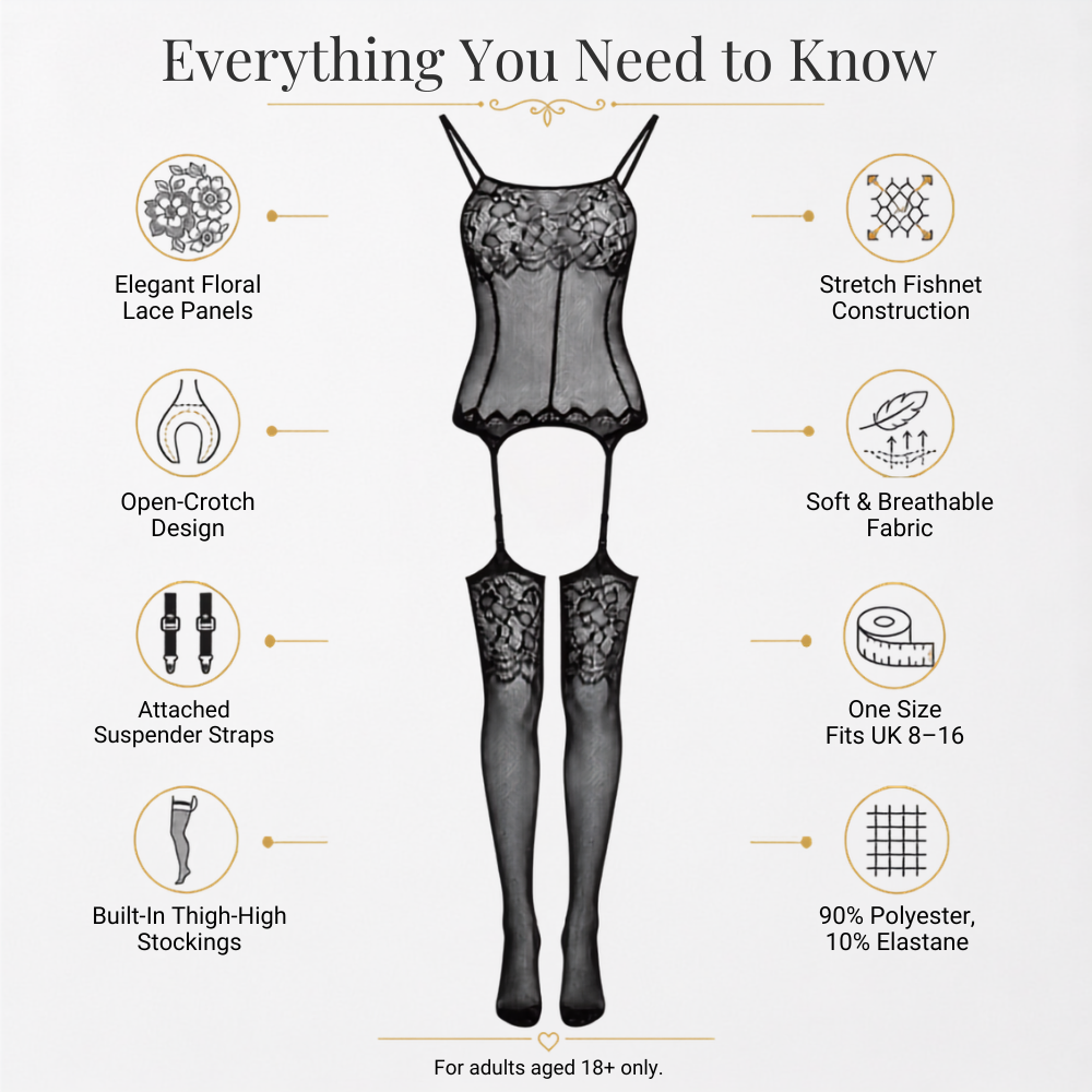 Black Floral Lace Fishnet Bodystocking Suspenders Open Crotch UK 8-16 One Size