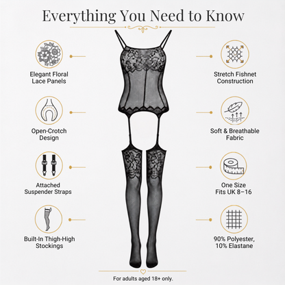 Black Floral Lace Fishnet Bodystocking Suspenders Open Crotch UK 8-16 One Size