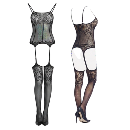 Black Floral Lace Fishnet Bodystocking Suspenders Open Crotch UK 8-16 One Size
