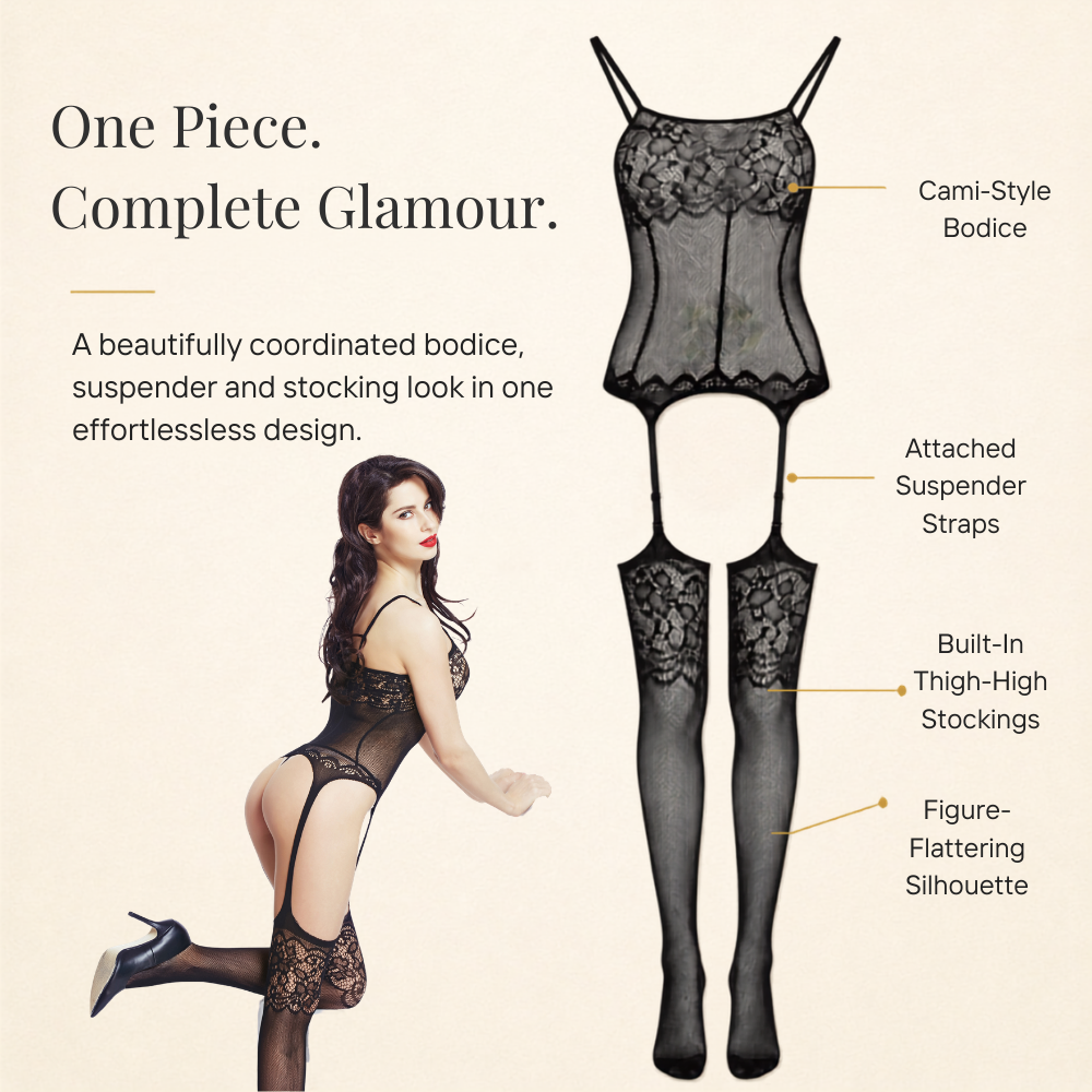 Black Floral Lace Fishnet Bodystocking Suspenders Open Crotch UK 8-16 One Size