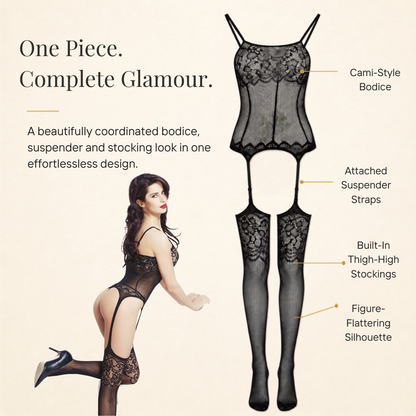 Black Floral Lace Fishnet Bodystocking Suspenders Open Crotch UK 8-16 One Size