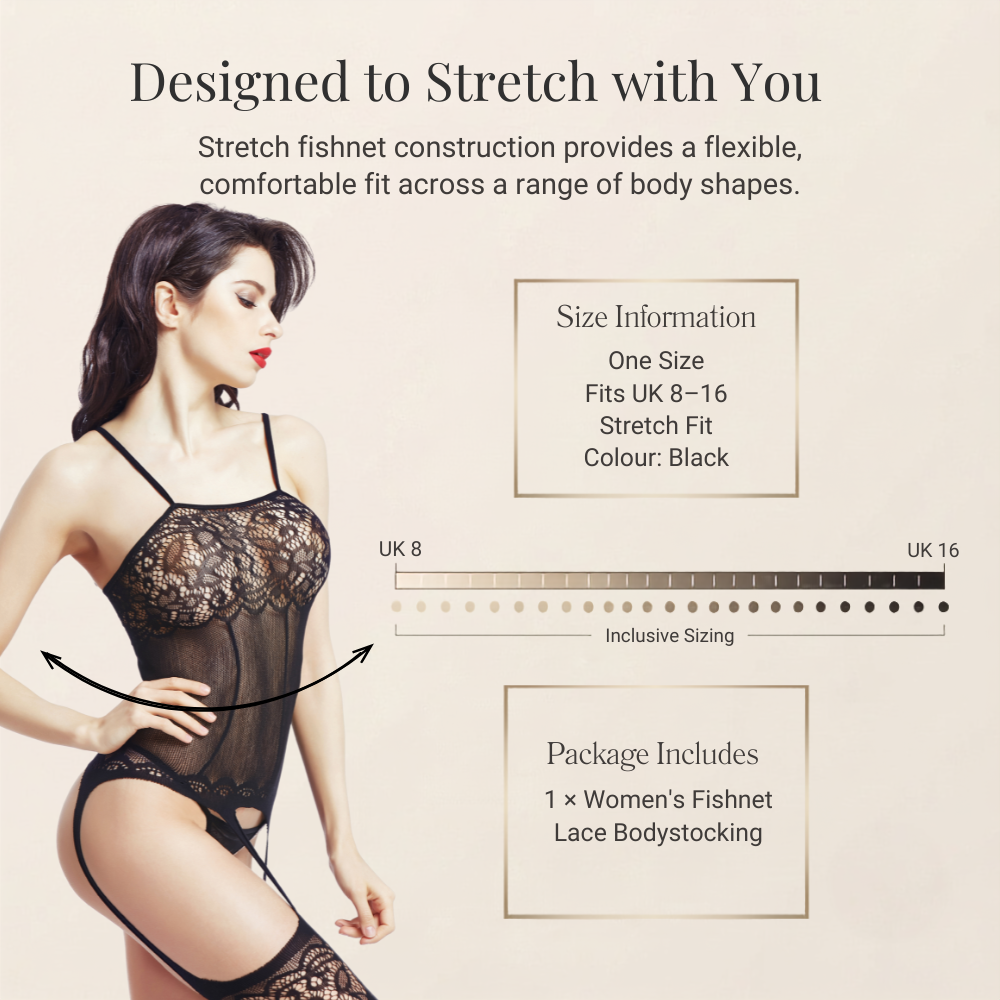 Black Floral Lace Fishnet Bodystocking Suspenders Open Crotch UK 8-16 One Size