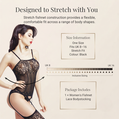 Black Floral Lace Fishnet Bodystocking Suspenders Open Crotch UK 8-16 One Size