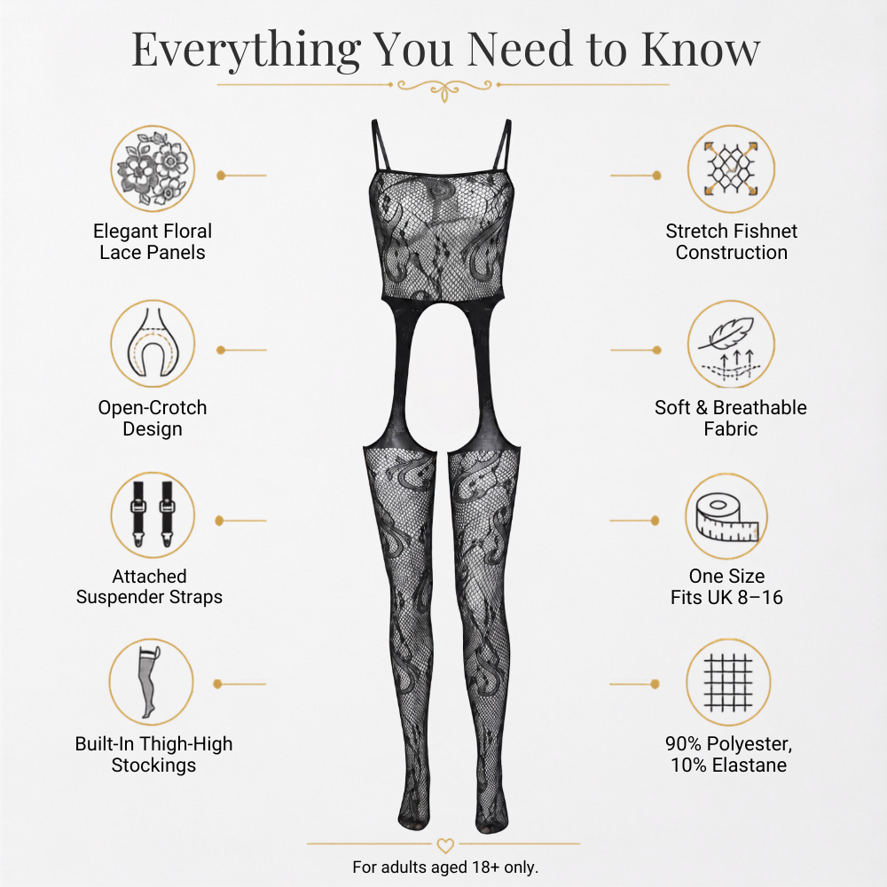 Black Baroque Swirl Lace Open Crotch Bodystocking with Arch Cutout Suspenders UK 8-16