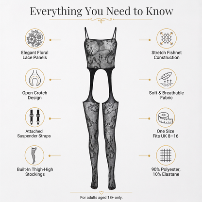 Black Baroque Swirl Lace Open Crotch Bodystocking with Arch Cutout Suspenders UK 8-16