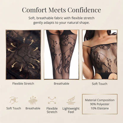 Black Baroque Swirl Lace Open Crotch Bodystocking with Arch Cutout Suspenders UK 8-16