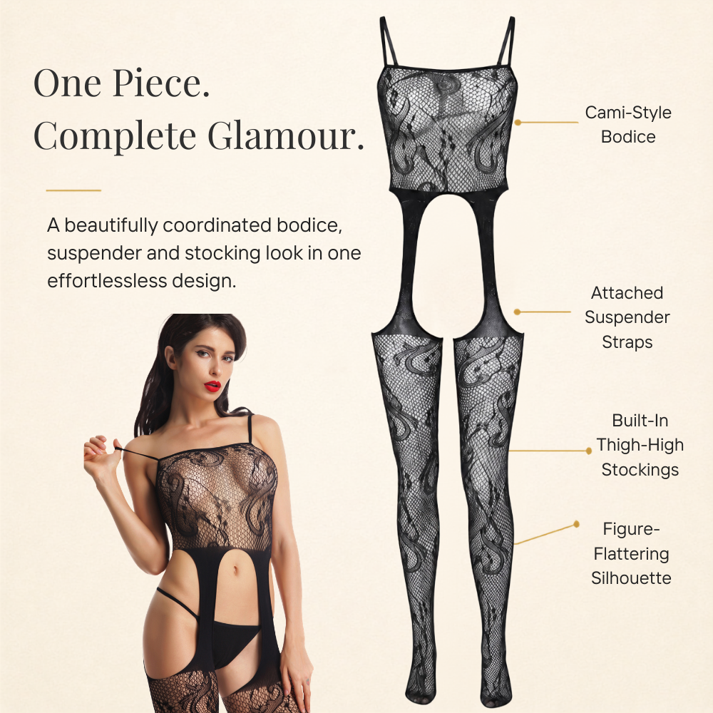 Black Baroque Swirl Lace Open Crotch Bodystocking with Arch Cutout Suspenders UK 8-16